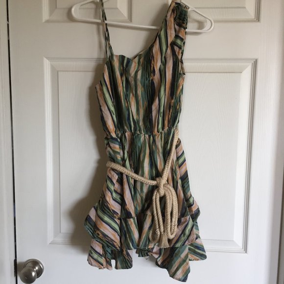 Free People Boho Green Beige Pink Stripe Ruffle Mini Dress Size XS - Picture 1 of 4